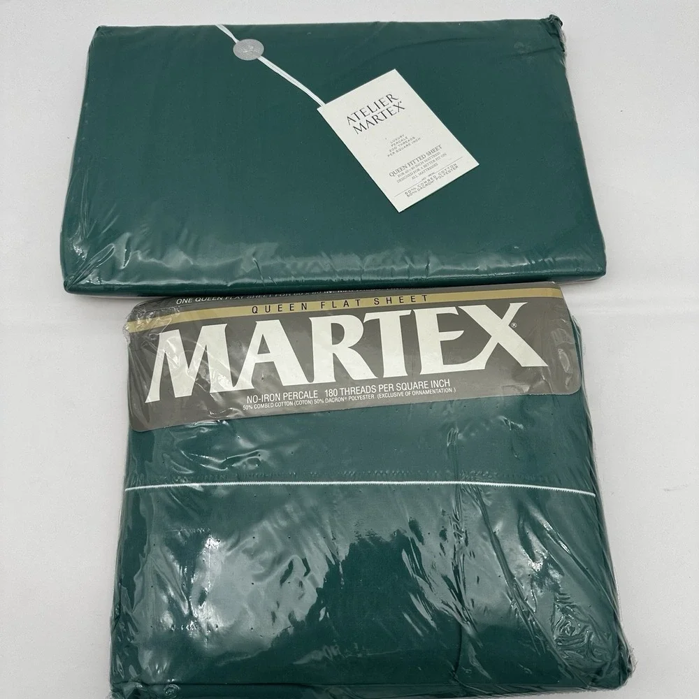 Vintage Martex Luxury Percale Fitted & Flat Sheet Queen - Blue Green NEW